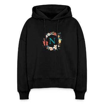 N Monogram, Couronne de fleurs, Personnalisable - Sweat à capuche bio Nora coupe boxy Stanley/Stella Femme - noir - Devant