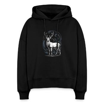 Weißer Hirsch Mit Geweih Mond Und Waldornament - Stanley/Stella Boxy Frauen Bio Hoodie Nora - Schwarz - Vorne