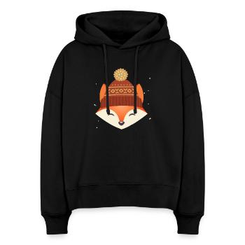 Jolie tête de renard avec chapeau d’hiver – motif d’hiver - Sweat à capuche bio Nora coupe boxy Stanley/Stella Femme - noir - Devant
