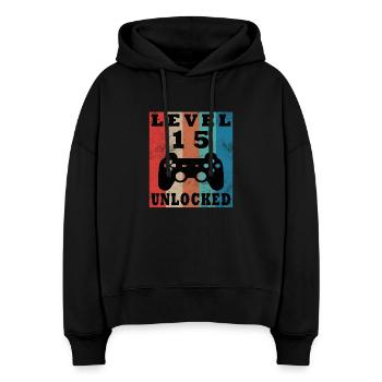 Level 15 Freigeschaltet Retro Controller - Stanley/Stella Boxy Frauen Bio Hoodie Nora - Schwarz - Vorne