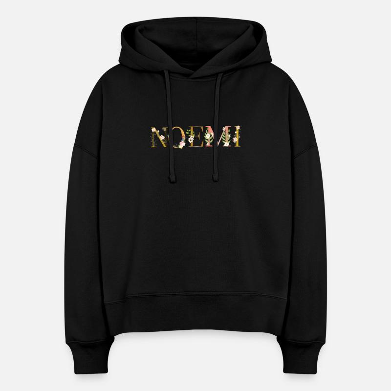 Le nom NOEMI décoré de fleurs - Sweat à capuche bio Nora coupe boxy Stanley/Stella Femme - noir