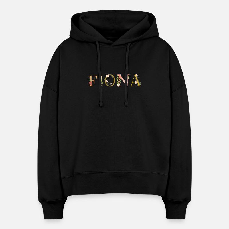 Le nom de FIONA décoré de fleurs - Sweat à capuche bio Nora coupe boxy Stanley/Stella Femme - noir