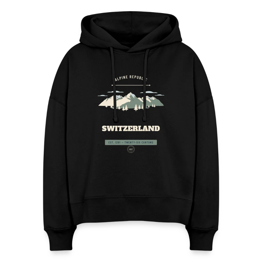 Switzerland badge on a stanley/stella boxy women organic hoodie nora, black