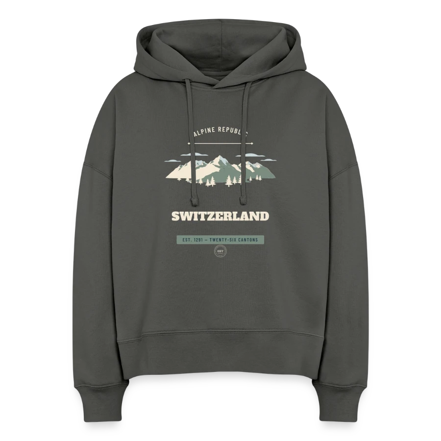 Switzerland badge on a stanley/stella boxy women organic hoodie nora, anthracite