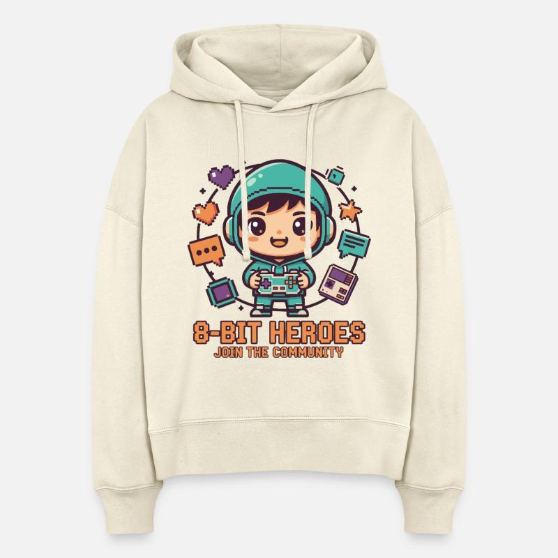 HÉROS 8 BITS | Jeux Rétro Chibi Communauté Pixel - Sweat à capuche bio Nora coupe boxy Stanley/Stella Femme - écru doux