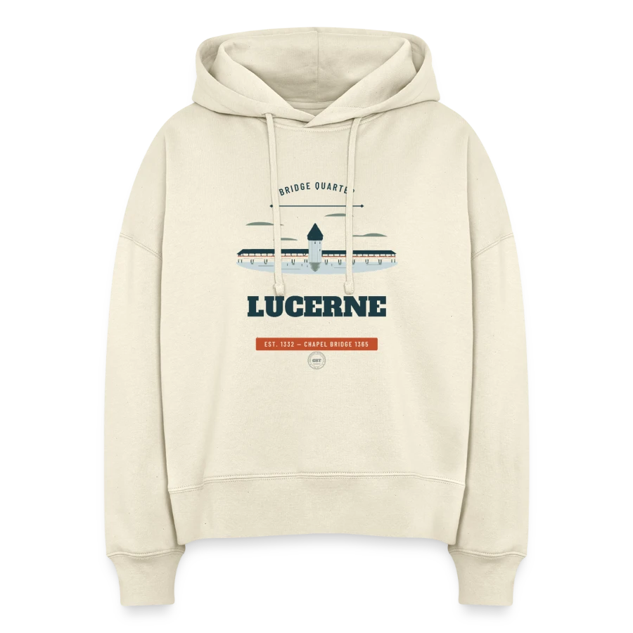 Lucerne badge on a stanley/stella boxy women organic hoodie nora, soft Ecru