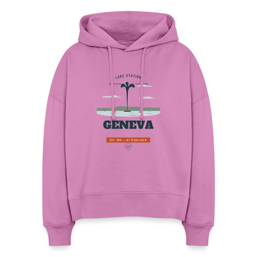 Geneva badge on a stanley/stella boxy women organic hoodie nora, pink
