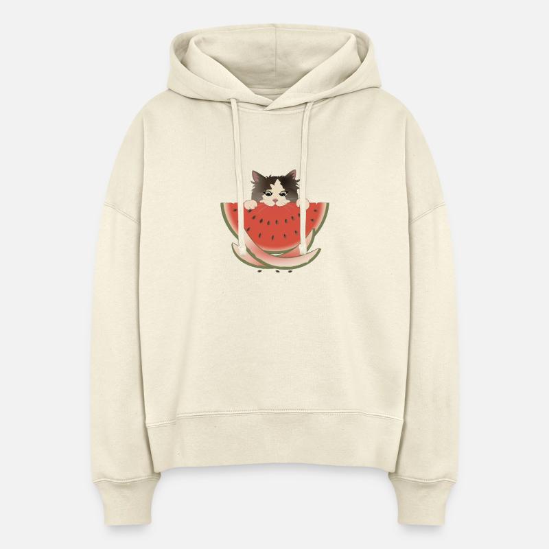 Délice de pastèque Chat - Sweat à capuche bio Nora coupe boxy Stanley/Stella Femme - écru doux
