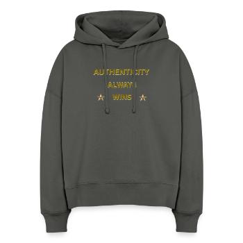 L’AUTHENTICITÉ GAGNE TOUJOURS – Citation motivationnelle en or - Sweat à capuche bio Nora coupe boxy Stanley/Stella Femme - charbon - Devant