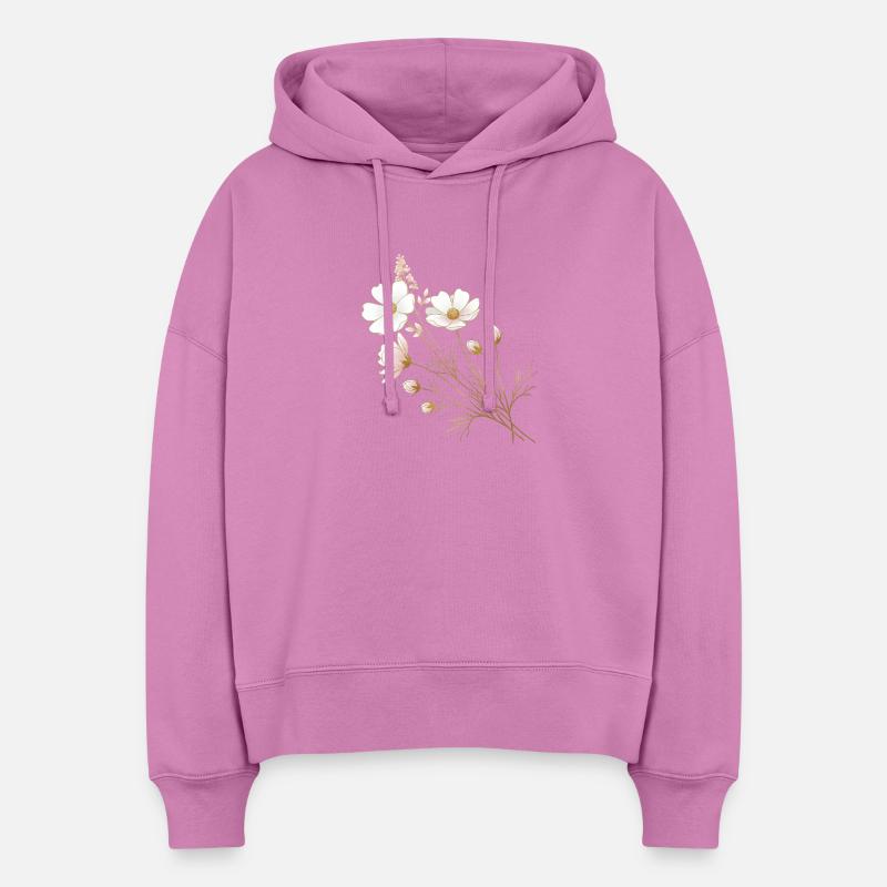 Accents dorés, fleurs blanches - Sweat à capuche bio Nora coupe boxy Stanley/Stella Femme - rose