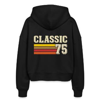 Retro Classic 75 – Geboren 1975 Vintage Geburtstag - Stanley/Stella Boxy Frauen Bio Zip Hoodie Ida - Schwarz - Hinten - AI Model Female 172 light (172cm)