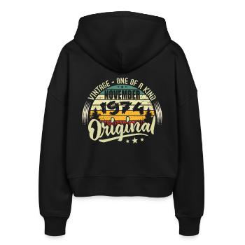 Jahrgang November 1974 Original November 1974 - Stanley/Stella Boxy Frauen Bio Zip Hoodie Ida - Schwarz - Hinten - AI Model Female 172 light (172cm)