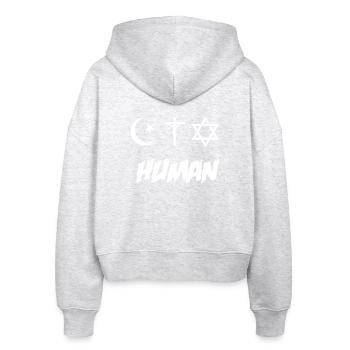 Menschlichkeit - Religion - Stanley/Stella Boxy Frauen Bio Zip Hoodie Ida - Weiß meliert - Hinten - AI Model Female 172 dark (172cm)