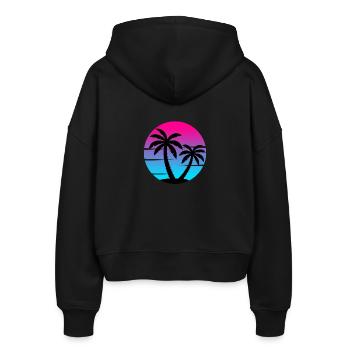 80s synthwave sunset with palm trees in a circle - Stanley/Stella Boxy Women’s Organic Zip Hoodie Ida - black - Back - AI Model Female 172 light (172cm)