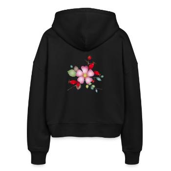 Hagebutten und Heckenrosenblüte – Naturmotiv - Stanley/Stella Boxy Frauen Bio Zip Hoodie Ida - Schwarz - Hinten - AI Model Female 172 light (172cm)