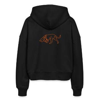 Schweisshund in Orange - Stanley/Stella Boxy Frauen Bio Zip Hoodie Ida - Schwarz - Hinten - AI Model Female 172 light (172cm)