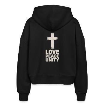 Liebe Frieden Einheit Christlich Kreuz - Stanley/Stella Boxy Frauen Bio Zip Hoodie Ida - Schwarz - Hinten - AI Model Female 172 light (172cm)