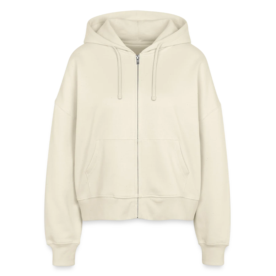 Interlaken badge on a stanley/stella boxy women’s organic zip hoodie ida, soft Ecru