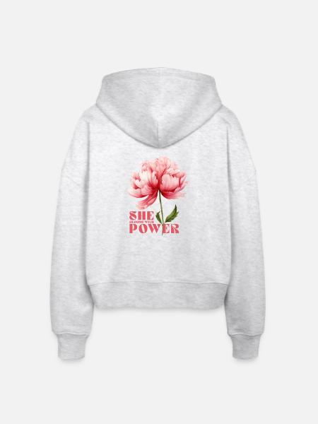 She Blooms With Power - Stanley/Stella Boxy Frauen Bio Zip Hoodie Ida - Weiß meliert