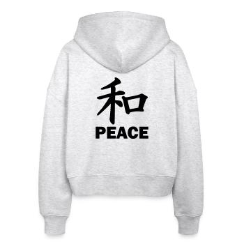 Peace Peace kanji japanese script blemish text 'PEACE - Stanley/Stella Boxy Women’s Organic Zip Hoodie Ida - heather white - Back - AI Model Female 172 dark (172cm)