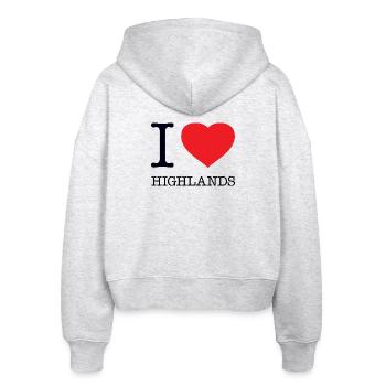 I LOVE HIGHLANDS - Stanley/Stella Boxy Frauen Bio Zip Hoodie Ida - Weiß meliert - Hinten - AI Model Female 172 dark (172cm)