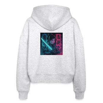 Cyber Samurai Girl Harajuku Y2K Anime Streetwear - Stanley/Stella Boxy Frauen Bio Zip Hoodie Ida - Weiß meliert - Hinten - AI Model Female 172 dark (172cm)