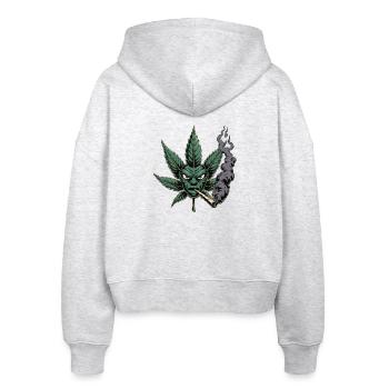 Hanfblatt Shirt – Cartoon Blatt Gesicht mit Rauch - Stanley/Stella Boxy Frauen Bio Zip Hoodie Ida - Weiß meliert - Hinten - AI Model Female 172 dark (172cm)