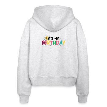Birthday Burst: Bunte Buchstaben - Stanley/Stella Boxy Frauen Bio Zip Hoodie Ida - Weiß meliert - Hinten - AI Model Female 172 dark (172cm)