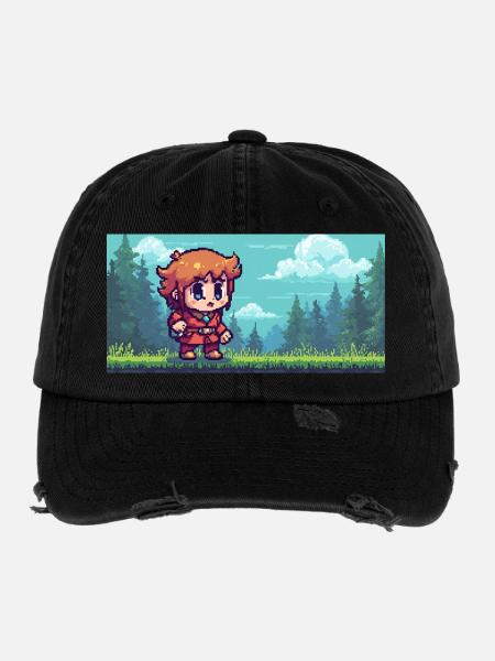 Pixel hero in the forest adventure gaming scene - Flexfit Vintage Destroyed Cap - black - Front