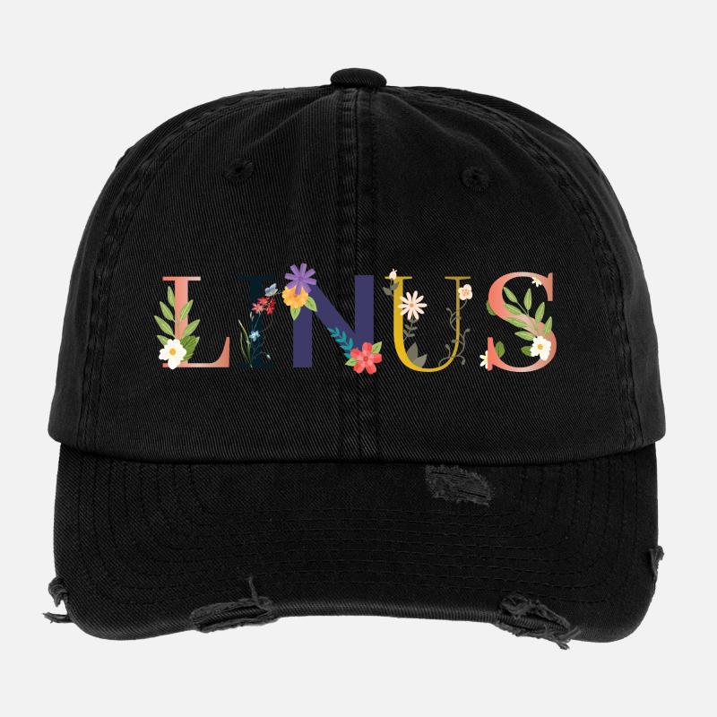 Le nom de LINUS est décoré de fleurs Casquette vintage effet usé Flexfit