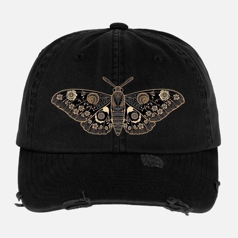 Papillon vintage – Fleurs noires et dorées Casquette vintage effet usé Flexfit
