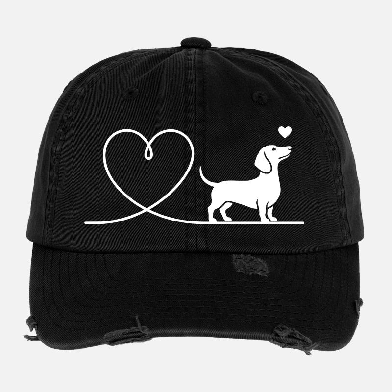 Silhouette teckel avec cœur minimaliste - Casquette vintage effet usé Flexfit - noir
