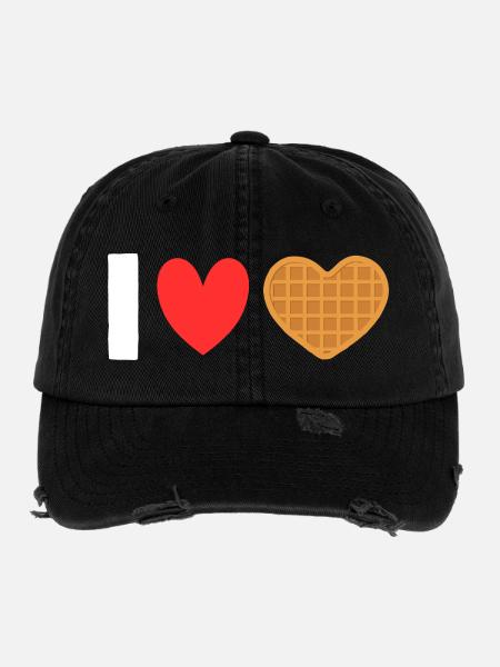Ich liebe Waffelherz-Waffel-Frühstück - Flexfit Vintage Destroyed Cap - Schwarz - Vorne