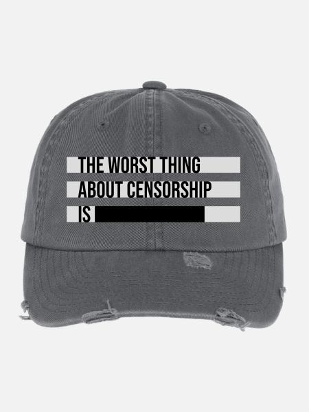 The Worst Thing About Censorship Is Lustig Ironie - Flexfit Vintage Destroyed Cap - Dunkelgrau - Vorne