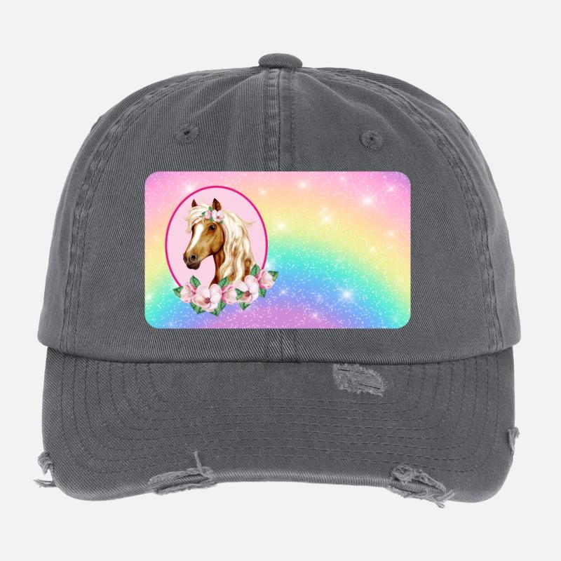 Pferd mit Blumen und Glitter Regenbogen  Flexfit Vintage Destroyed Cap