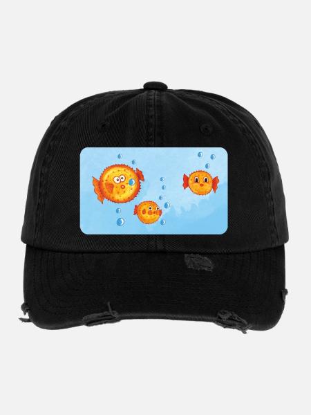 Poissons - Drôle de poisson-globe orange avec des bulles d’air - Casquette vintage effet usé Flexfit - noir - Devant