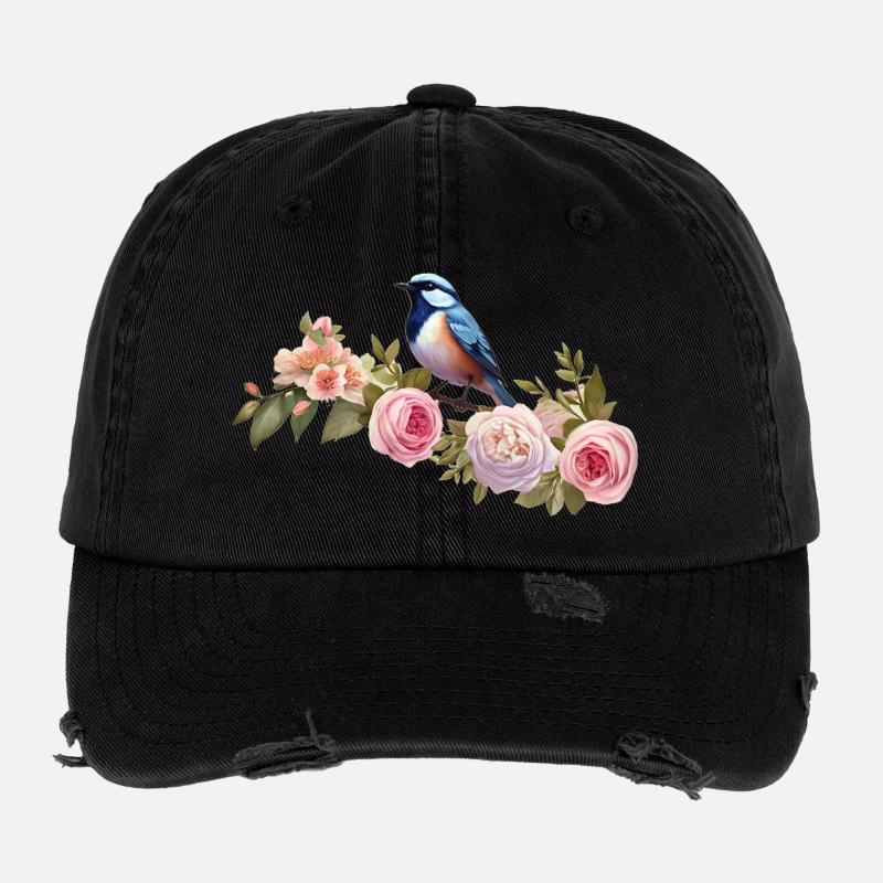 Bird on a flowering branch in spring Flexfit Vintage Destroyed Cap