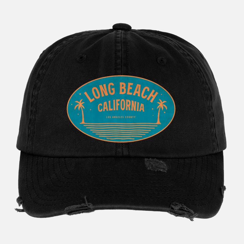 Long Beach California Retro Beach Motif Flexfit Vintage Destroyed Cap