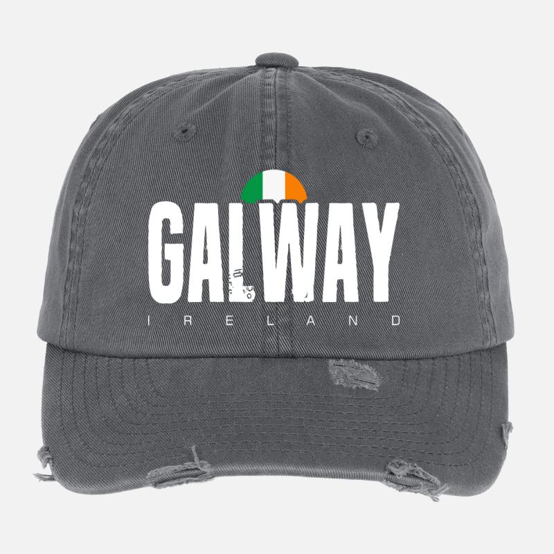 Galway Ireland Distressed Text Logo Flexfit Vintage Destroyed Cap