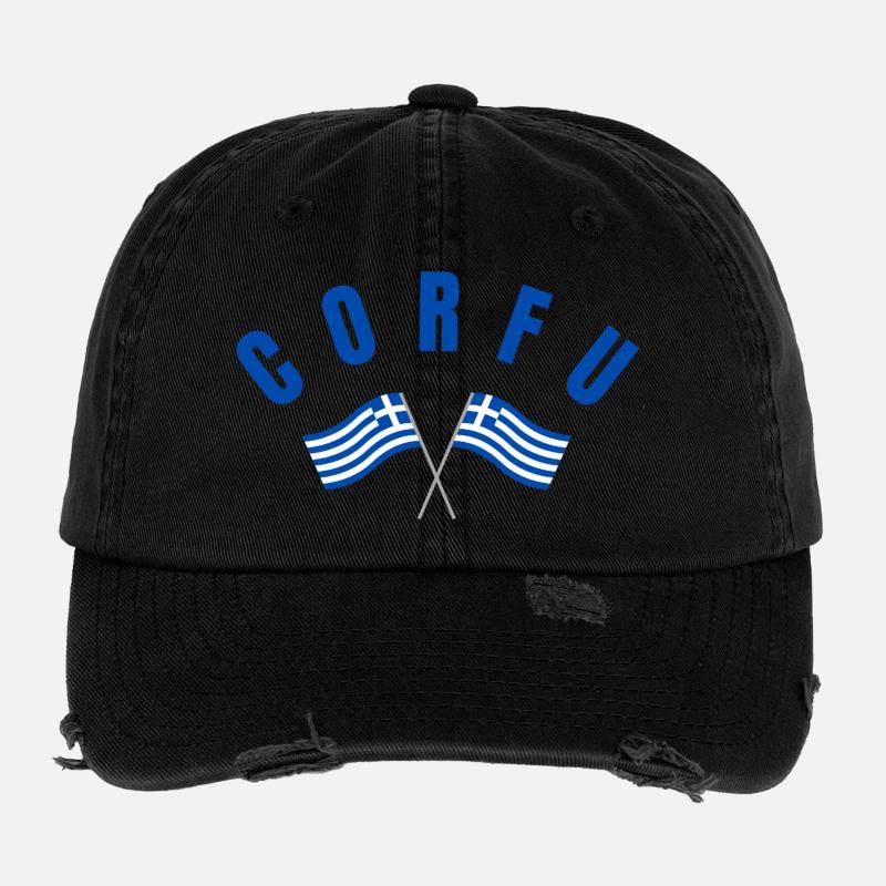 Korfu mit gekreuzten griechischen Flaggen Flexfit Vintage Destroyed Cap