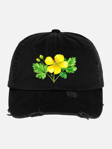 Schöllkraut – Aquarellillustration - Flexfit Vintage Destroyed Cap - Schwarz - Vorne