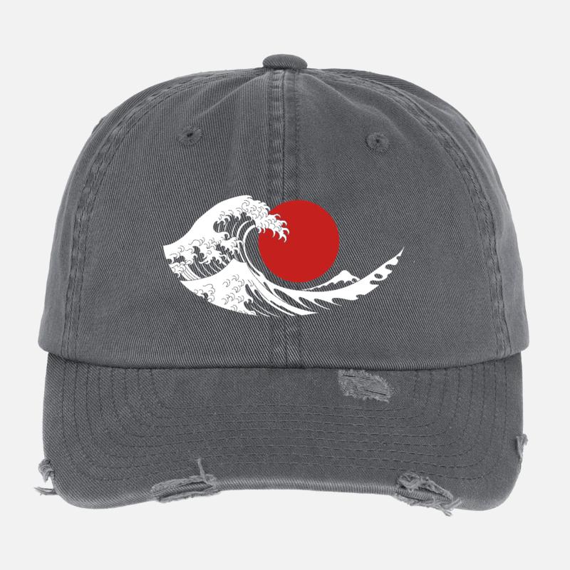 Great Wave Red Sun Japanese Aesthetic Flexfit Vintage Destroyed Cap
