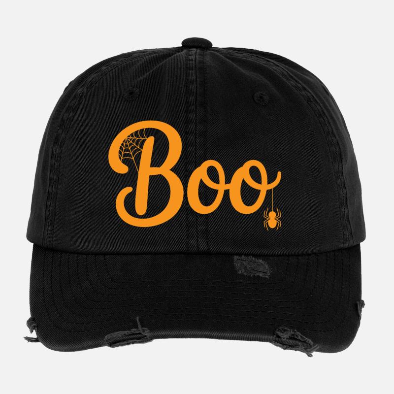Boo Cobweb Orange Halloween Flexfit Vintage Destroyed Cap