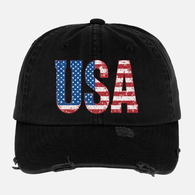 Patriotic USA Flag Distressed Print Flexfit Vintage Destroyed Cap