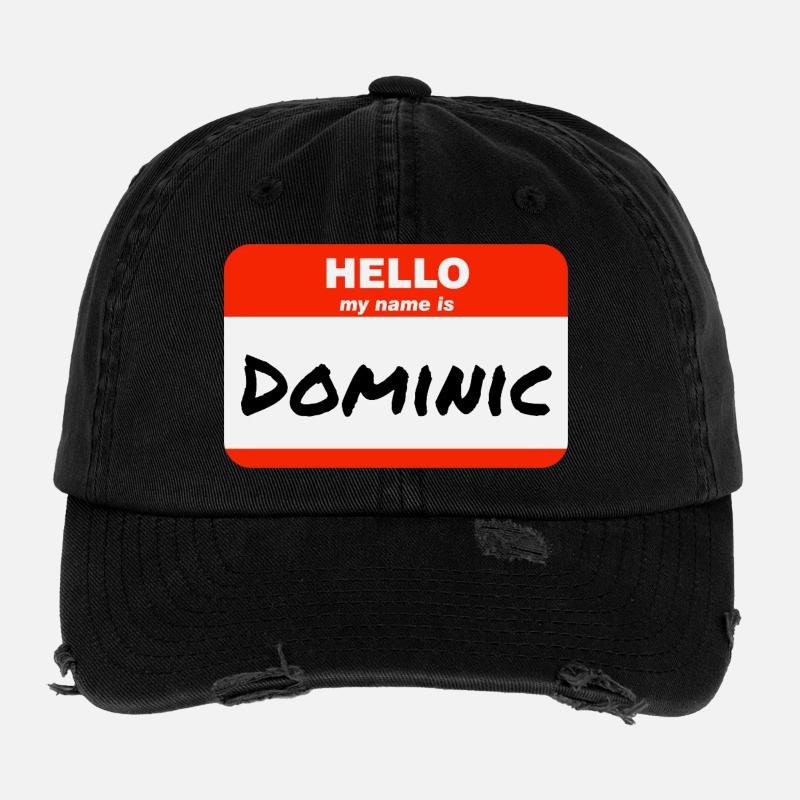 Hello My Name Is Dominic Label Name Tag Flexfit Vintage Destroyed Cap