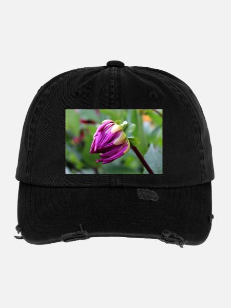 Dahlie rot violett Blüte ,Blume - Flexfit Vintage Destroyed Cap - Schwarz - Vorne