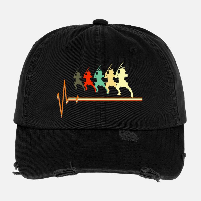Samurai Heartbeat Warrior Bushido Silhouette Flexfit Vintage Destroyed Cap