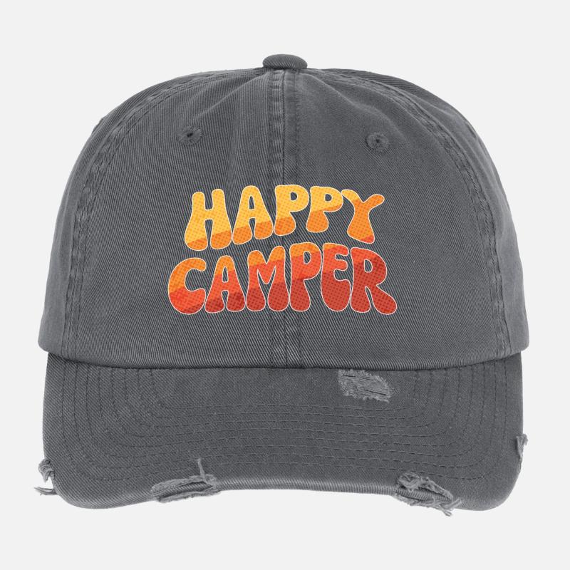 Happy Camper Retro Font Flexfit Vintage Destroyed Cap