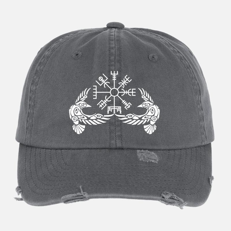 Weiße Krähen und Wikingerkompass Flexfit Vintage Destroyed Cap