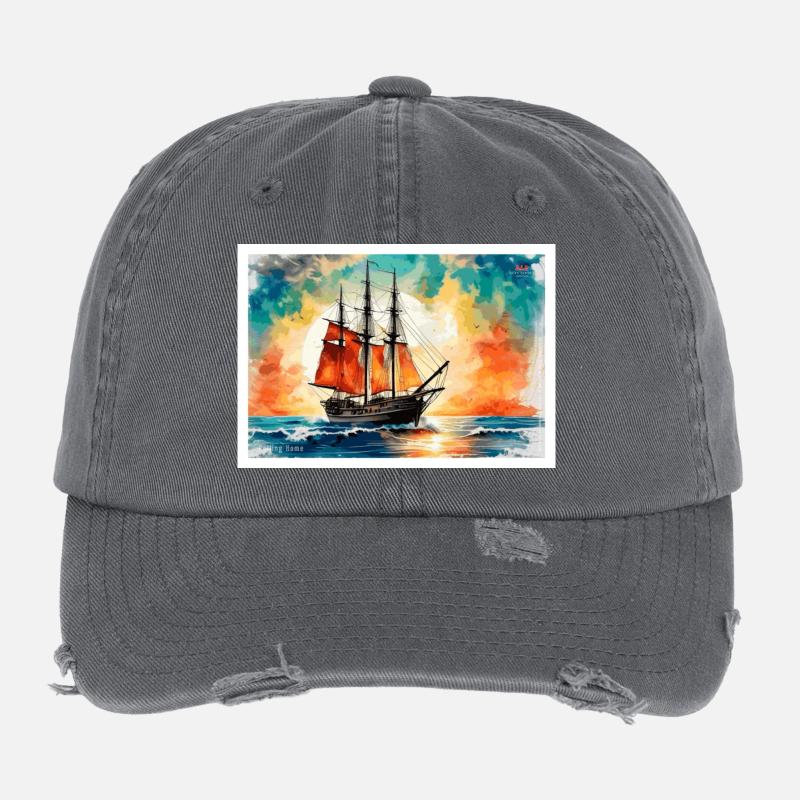 Red sailing ship at sunset Flexfit Vintage Destroyed Cap